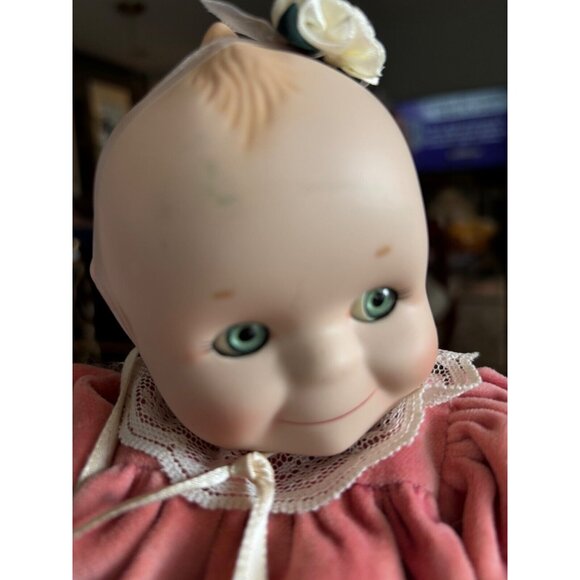 VTG Kewpie Doll '97 Pink Velvet Dress, Lace Trim Jesco 12" w/ Stand Danbury Mint - Picture 2 of 7